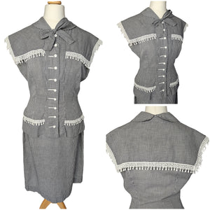 1940s Black and White Gingham Pom Pom Summer Suit