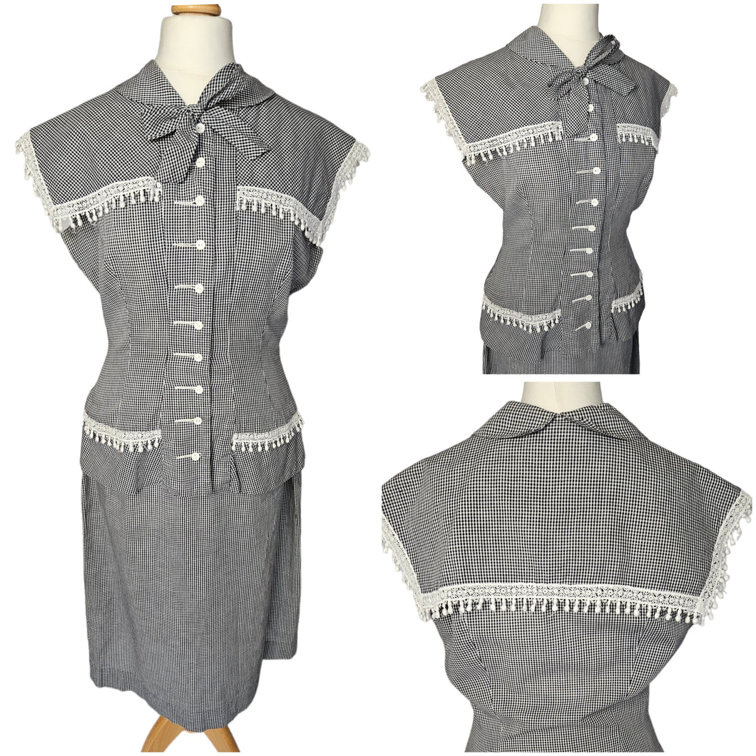 1940s Black and White Gingham Pom Pom Summer Suit