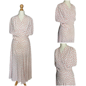 1940s White Dress With Red Clover Print