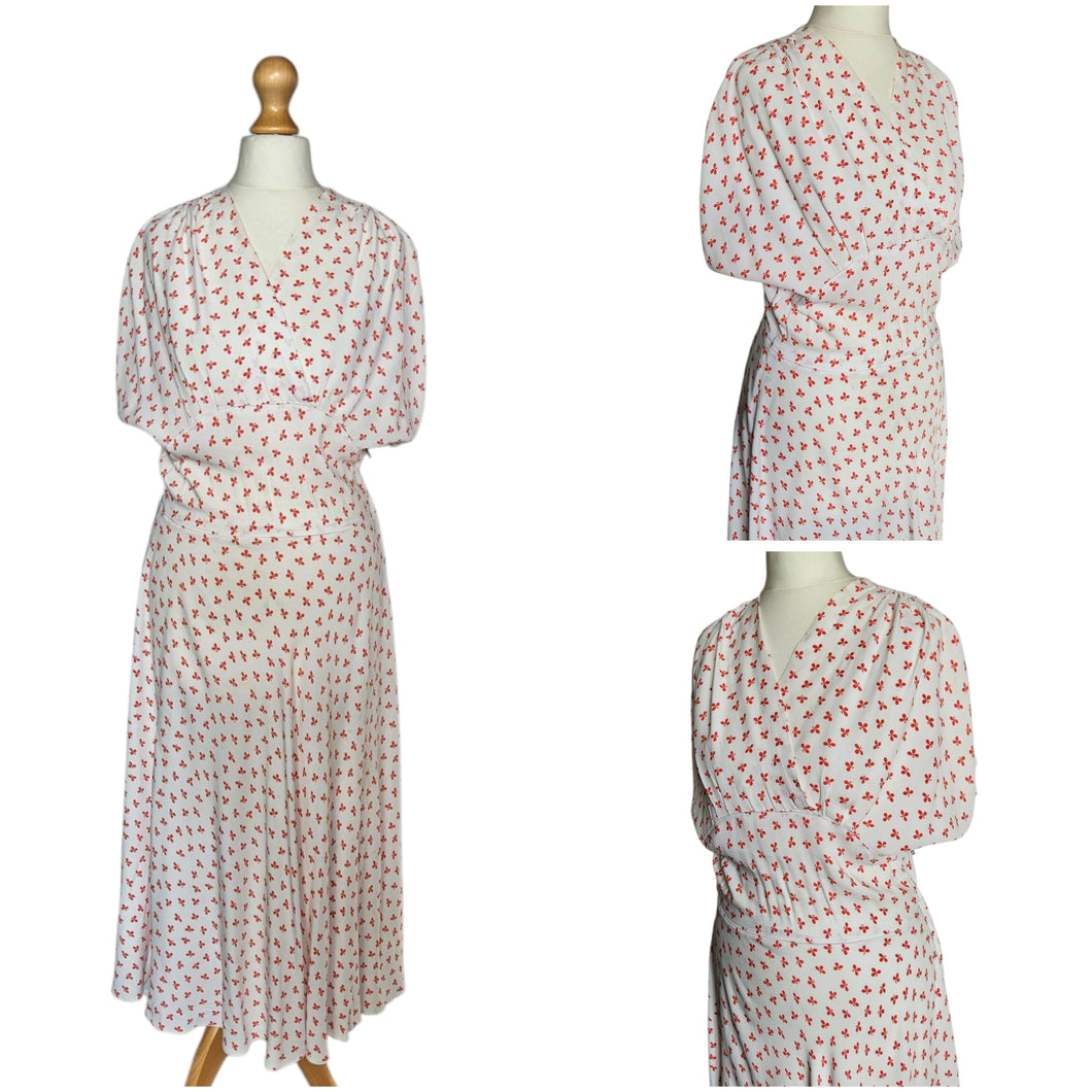 1940s White Dress With Red Clover Print