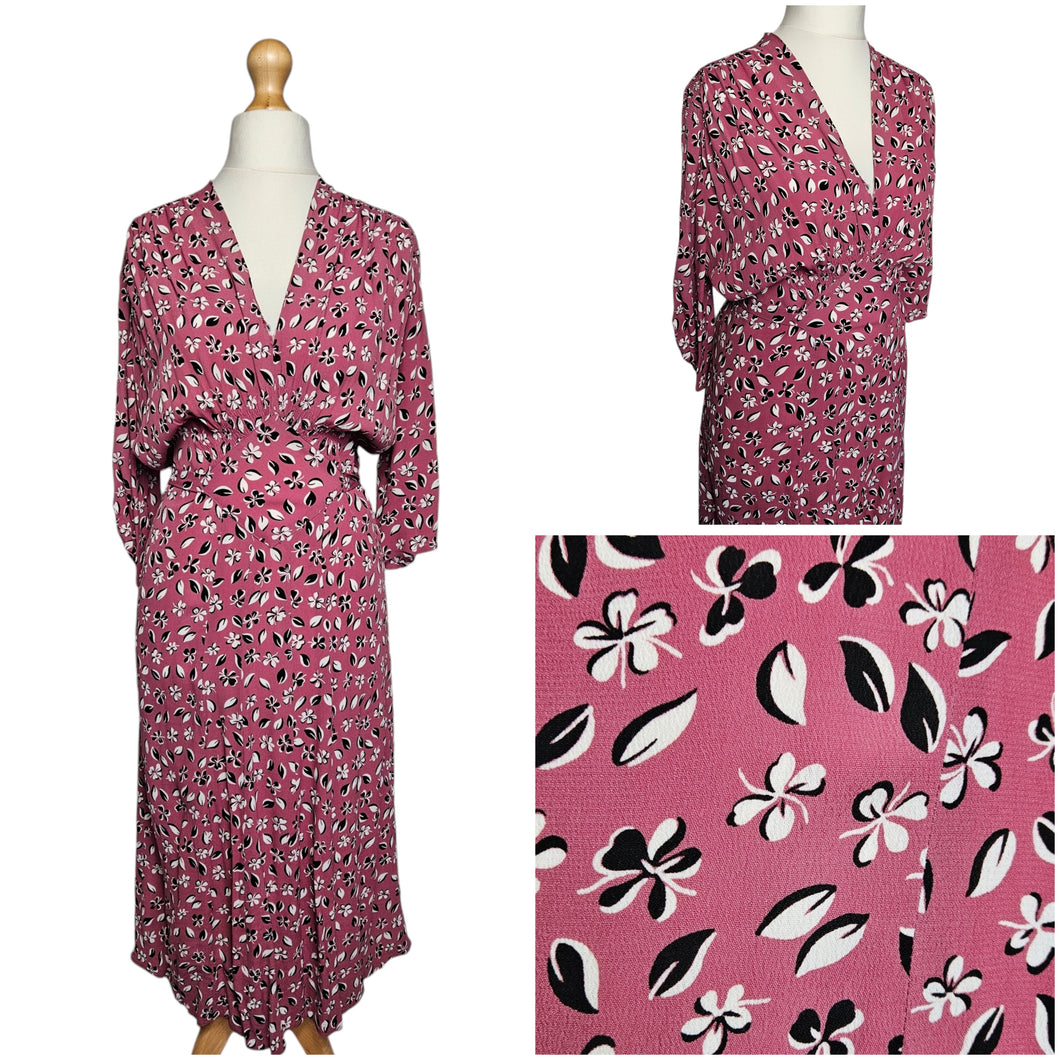 1940s Pink, Black and White Leaf Print Crepe Dress