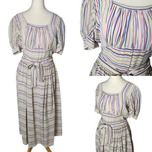 Load image into Gallery viewer, 1940s Off White Pink, Blue and Yellow Stripe Milkmaid Style Dress
