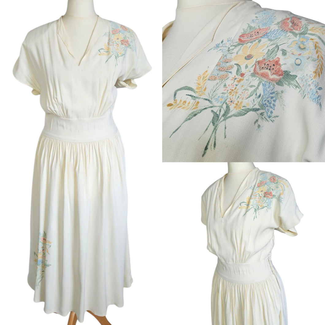 1940s Cream Handpainted Flower Dress