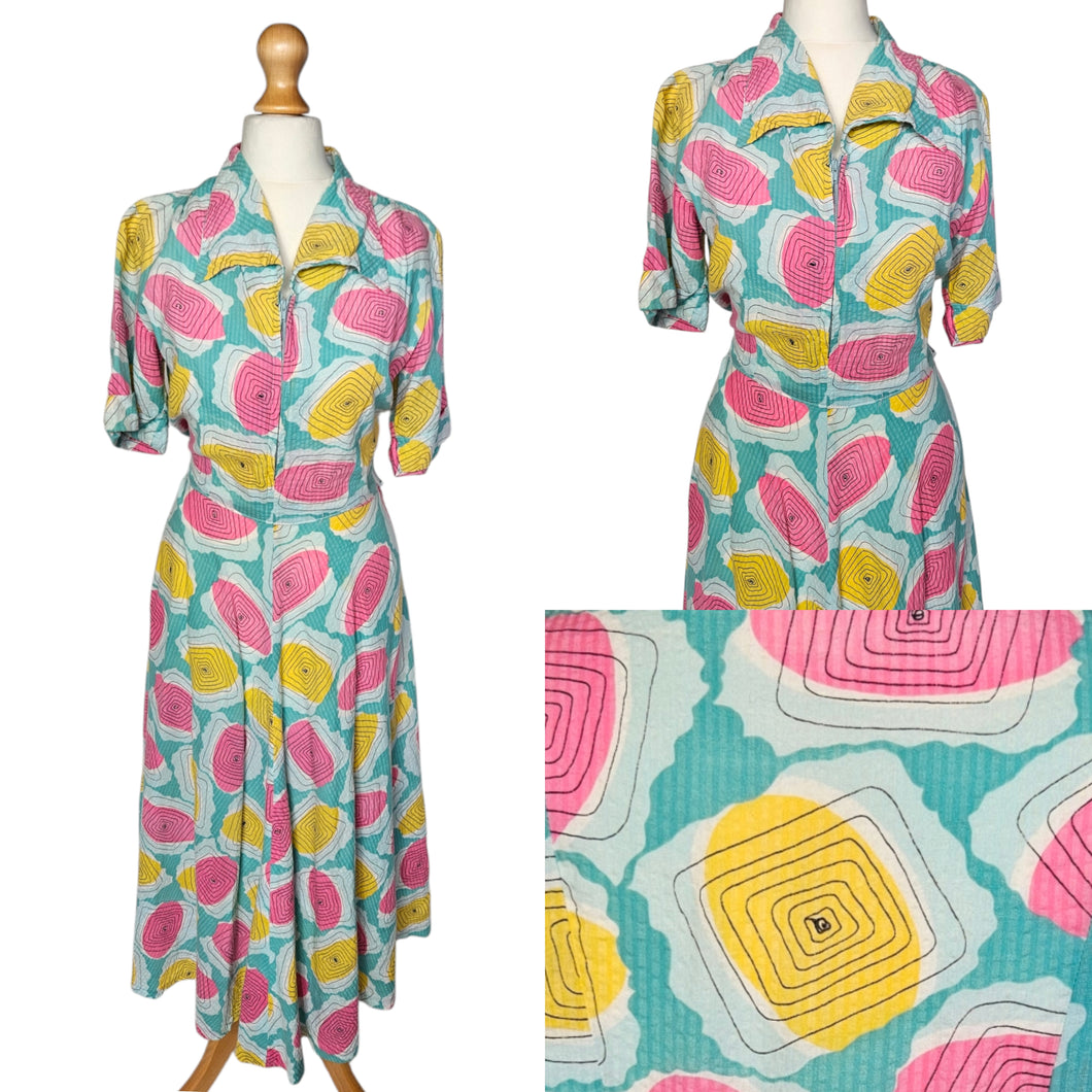 1940s Blue, Pink, Yellow Seersucker Zip Front Dress