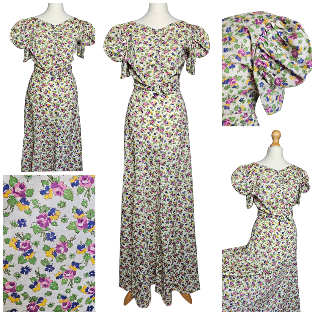 1930s Rare Floral Garden Party Dress With Mutton Sleeves