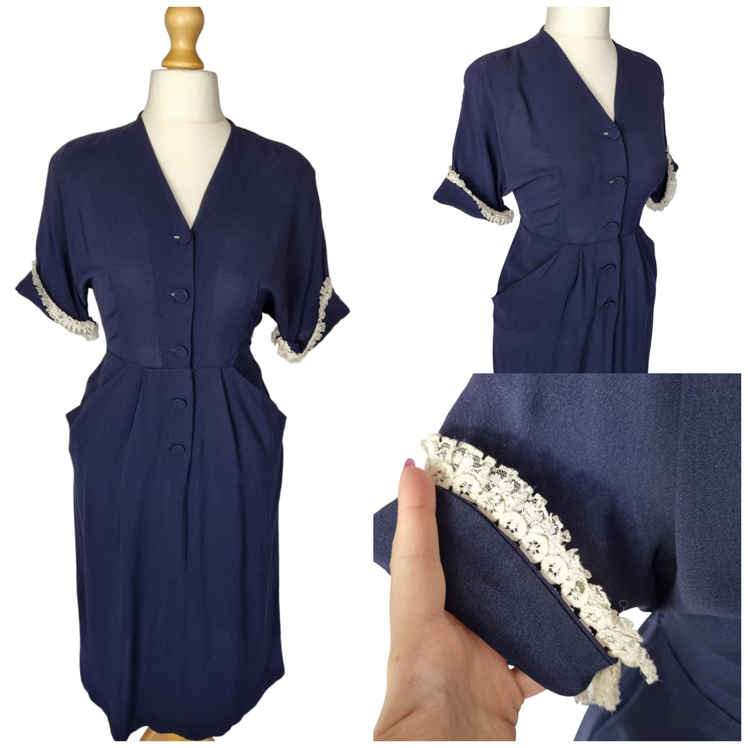 1940s Navy Blue Crepe Dress With Lace Sleeves