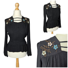 Load image into Gallery viewer, 1940s Black Embroidered Peplum Blouse
