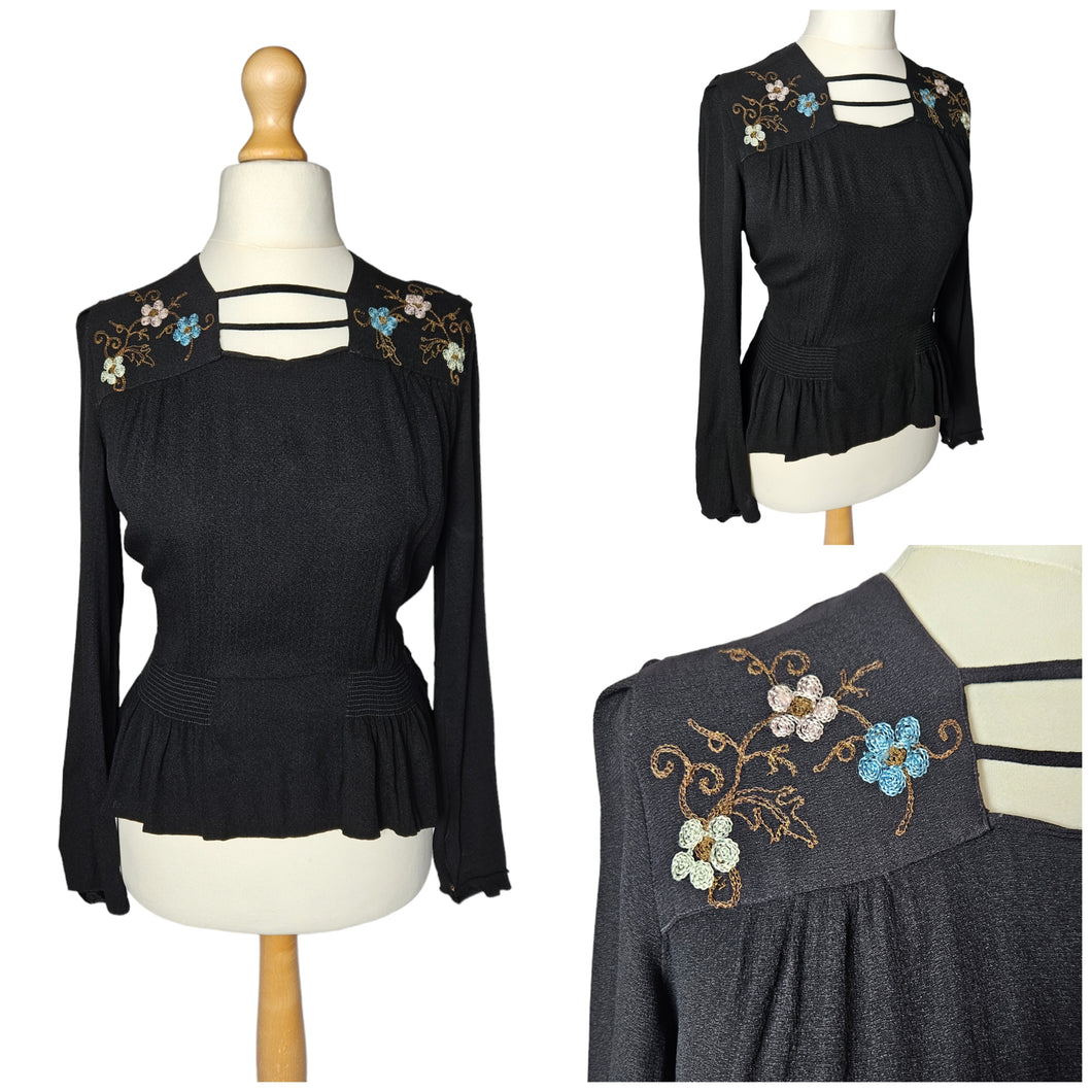 1940s Black Embroidered Peplum Blouse