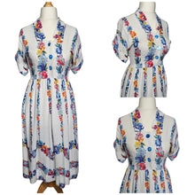 Load image into Gallery viewer, 1940s White Moygashel Dress With Multicoloured Flower Stripes
