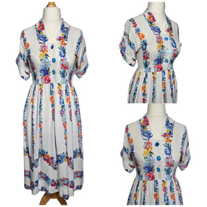 1940s White Moygashel Dress With Multicoloured Flower Stripes