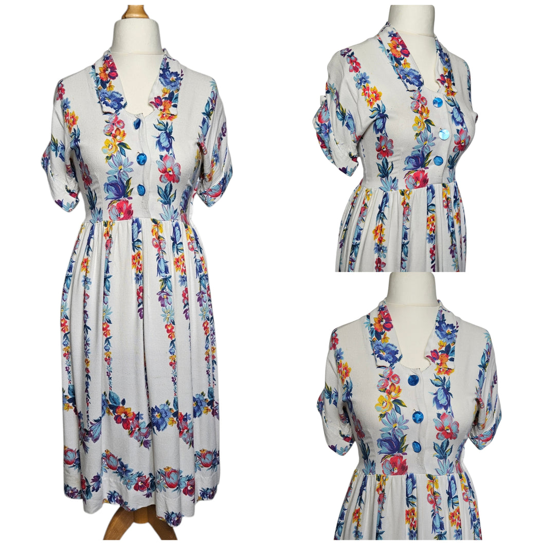 1940s White Moygashel Dress With Multicoloured Flower Stripes