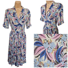 Load image into Gallery viewer, 1940s Blue Pink Leaf/Feather Crepe Dress
