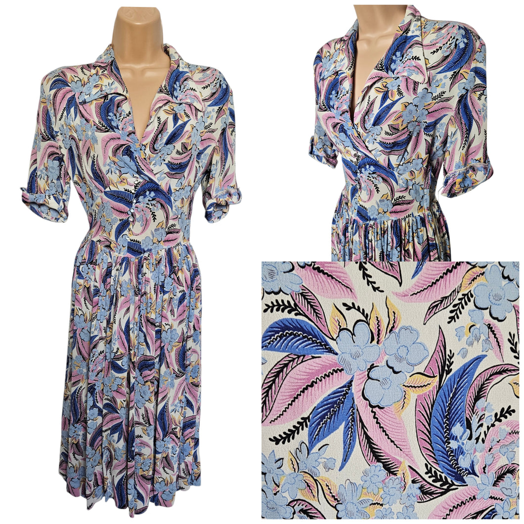 1940s Blue Pink Leaf/Feather Crepe Dress