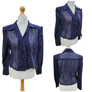 1940s Navy Blue and White Fleck Blouse