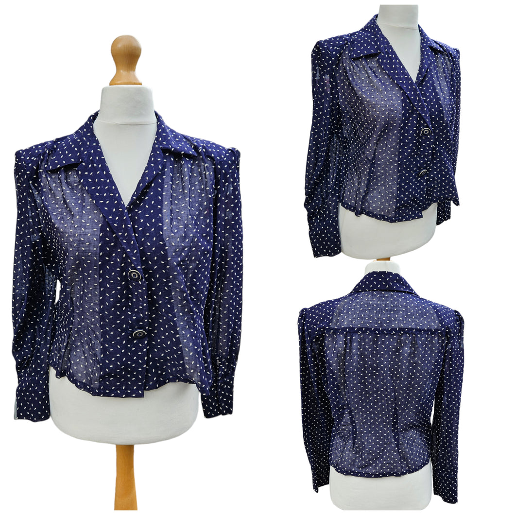 1940s Navy Blue and White Fleck Blouse