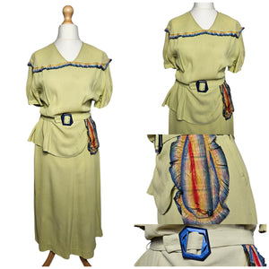 1940s Chartreuse Green Crepe Dress With Blue Galalith Buckle and Rainbow Sash