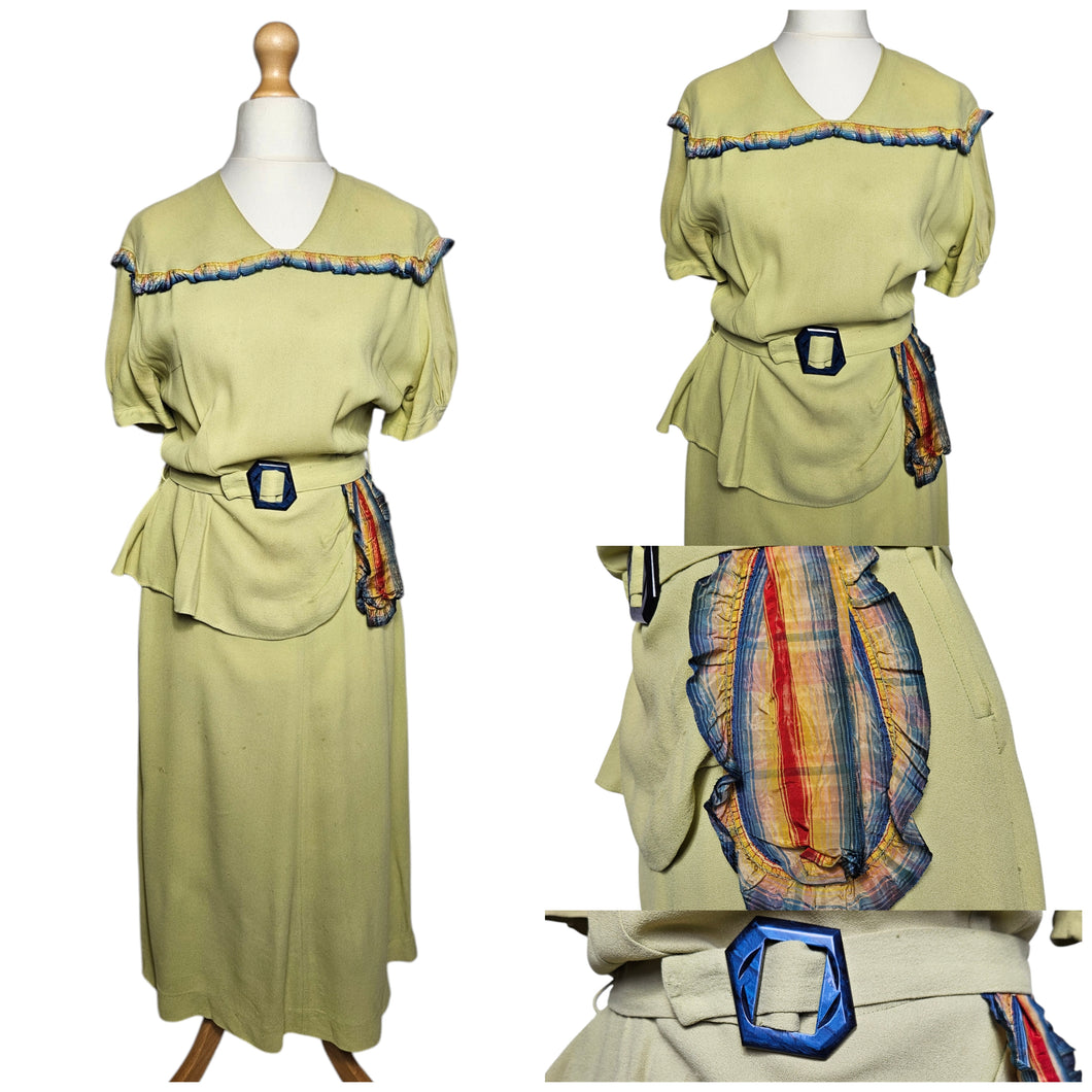 1940s Chartreuse Green Crepe Dress With Blue Galalith Buckle and Rainbow Sash