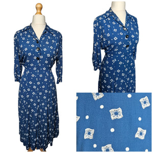 1940s Dark Teal Square and Spot Print Dress