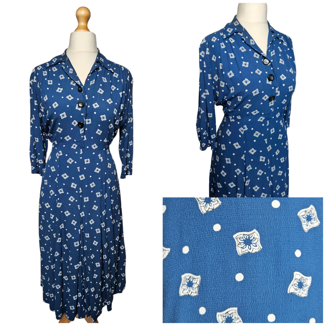 1940s Dark Teal Square and Spot Print Dress