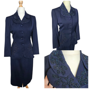 1940s Navy Blue Gabardine Beaded Double Collar Suit