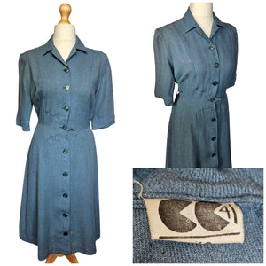 1940s CC41 Dusky Blue Wool Button Dress