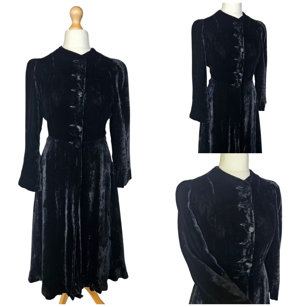 1930s Black Soft Velvet Fit and Flare Coat