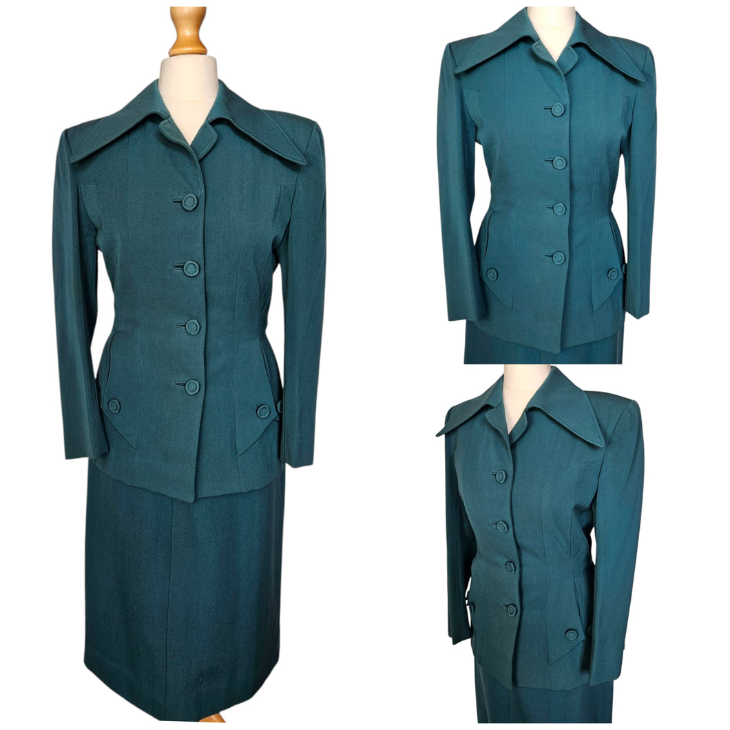 1940s Dark Teal Gabardine Pointed Collar Suit