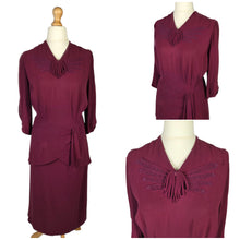Load image into Gallery viewer, 1940s Raspberry/Burgundy Soutache Peplum Dress
