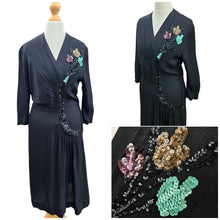 Load image into Gallery viewer, 1940s Black Crepe Sequin Cocktail Dress
