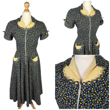 Load image into Gallery viewer, 1940s Black and Yellow Floral Zip Front Dress
