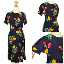 Load image into Gallery viewer, 1940s Navy Blue and Multicoloured Tulip Peplum Dress
