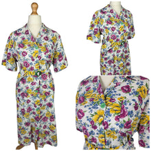 Load image into Gallery viewer, 1940s Yellow and Burgundy Floral Shirtwaister Dress With Green Buttons and Buckle
