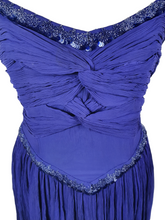 Load image into Gallery viewer, 1940s Purple/Blue Dress With Drape at The Back, Beading and Pleating
