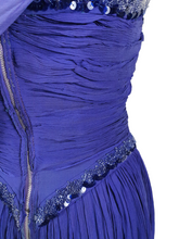 Load image into Gallery viewer, 1940s Purple/Blue Dress With Drape at The Back, Beading and Pleating
