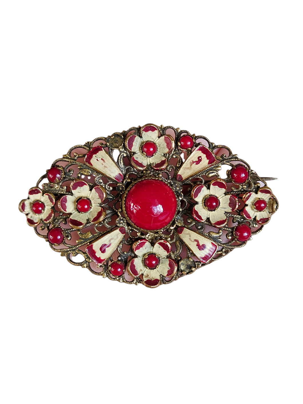 1930s Czech Red Glass Filigree Brooch