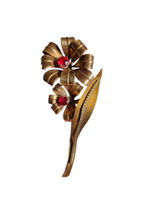 Load image into Gallery viewer, 1940s Huge Gold Tone Red Glass Flower Brooch
