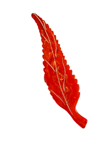 1940s Red Carved Curved Marbled Bakelite Leaf Brooch