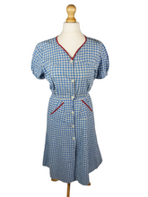 Load image into Gallery viewer, 1940s Blue Gingham Dress with Red Ric Rac Detail and Puff Sleeves
