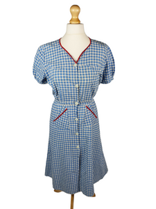 1940s Blue Gingham Dress with Red Ric Rac Detail and Puff Sleeves