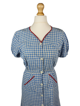 Load image into Gallery viewer, 1940s Blue Gingham Dress with Red Ric Rac Detail and Puff Sleeves
