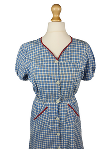 1940s Blue Gingham Dress with Red Ric Rac Detail and Puff Sleeves