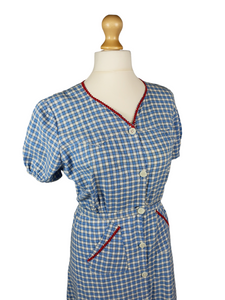 1940s Blue Gingham Dress with Red Ric Rac Detail and Puff Sleeves