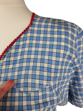 Load image into Gallery viewer, 1940s Blue Gingham Dress with Red Ric Rac Detail and Puff Sleeves
