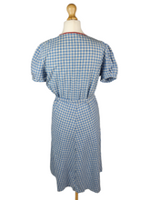 Load image into Gallery viewer, 1940s Blue Gingham Dress with Red Ric Rac Detail and Puff Sleeves
