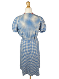 1940s Blue Gingham Dress with Red Ric Rac Detail and Puff Sleeves