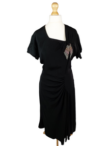 1940s Black Crepe Dress With Beading and Mock Wrap Skirt