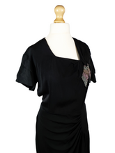 Load image into Gallery viewer, 1940s Black Crepe Dress With Beading and Mock Wrap Skirt
