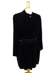 1940s Black Thick Velvet Swing Jacket/Coat With Huge Belt and Studs