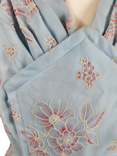 Load image into Gallery viewer, 1950s Pale Blue Chiffon Dress With Burgundy and White Flocked Flowers
