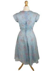 1950s Pale Blue Chiffon Dress With Burgundy and White Flocked Flowers